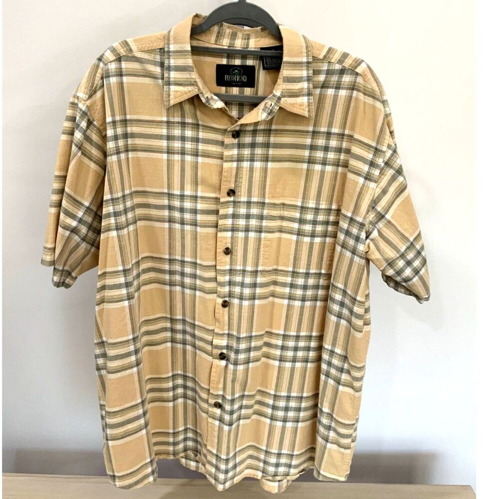100% Cotton Men's Summer Yellow Plaid Short Sleeve Shirt by RedHead Size XL